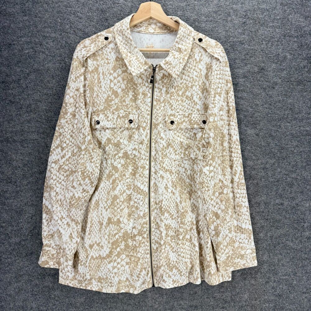 Belle Jacket Women 2X Plus Beige Animal Print Full Zip Collared Long Sleeve